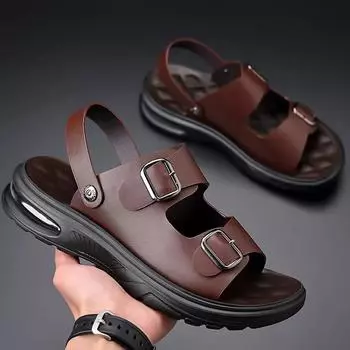 Fashion Summer Men s Genuine Leather Sandals Fashion Casual Non slip Large Hollow Breathable Sandals Men s Beach Shoes Hole Shoes 38 коричневый