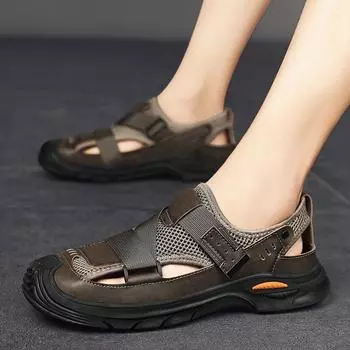 Fashion Summer Men Sandals fashion Genuine Leather Men Slippers outdoor Gladiator Men Beach Sandals Soft Comfortable men Wading Shoes 6.5 чёрный