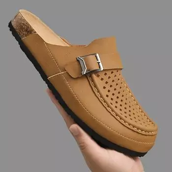 Fashion Summer Mens Sandals Fashion Casual Leather Half Slippers for Men Outdoor Sandals Comfy Walking Shoes Mocassins Zapatos De Hombre 38 песочный