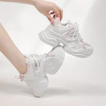 Fashion Summer Mesh Breathable And Refreshing Mesh Thick Bottom Heightening Sports Womens Shoes Outdoor Leisure Running Sports Shoes 7CM 35 белый