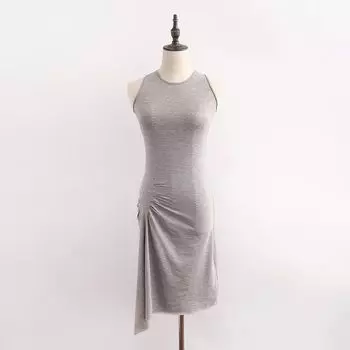 Fashion Summer Modal Cotton Elastic round Neck Dress Pleated High Waist Side Slit Plaid Slim Fit Bottoming Skirt Light gray S