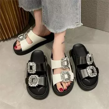 Fashion Summer new casual flip-flops square buckle diamond double with thick bottom beach sandals women wear slippers P735 35 белый