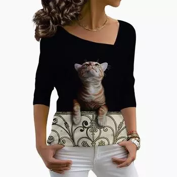 Fashion Summer New Diagonal Collar Women T Shirts Flower 3D Printing Long Sleeve Loose Autumn Ladies Clothes Harajuku Shirt Top 4XL