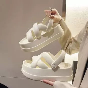 Модные летние новые женские сандалии EVA с толстой подошвой и простым кроссовером, однотонные повседневные сандалии из двух материалов 36-37(fit 34-35) ярко-розовый