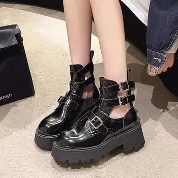 Fashion Summer New Fashion Thick Bottom Platform Cut Out Buckles Belt Sewing Patent Leather Women Ankle Short Motorcycle Boots 35 бежевый