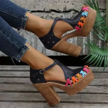fashion Summer New Fashion Women s Sandals Retro Flower Thick-heeled High-heeled Hollow Plus Size Luxury Sandals Women Designers 35 синий