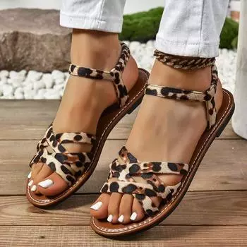 Fashion Summer New Flat Sandals Women Fashion Round Head Open Toe Leopard Cross Strap Light Soft Soled Non-slip Roman Shoes 36 цветной печати леопарда