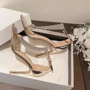 Fashion Summer New High Heels with A Line with Rhinestone High Heel Sandals Round Head Stiletto Women s Shoes 34 серебряный