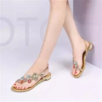 fashion Summer New Ladies Elegant Comfort Leather Sandals Rhinestone Low Heel Flat Bottom Clip Toe Thick Heel Flowers Luxury Sandals 33(Foot 21.5cm) золотой
