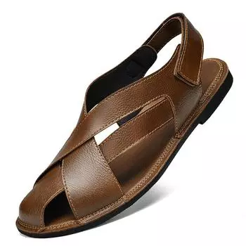 Fashion Summer New Men Genuine Leather Headed Sandals Flat Bottom Comfortable Anti Slip Business Casual Sandals Large Size 38-47 38 коричневый