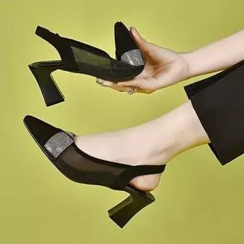 Модные летние новые сетчатые сандалии женские Baotou A Line Belt After The Empty Rhinestone Temperament High Heels 35