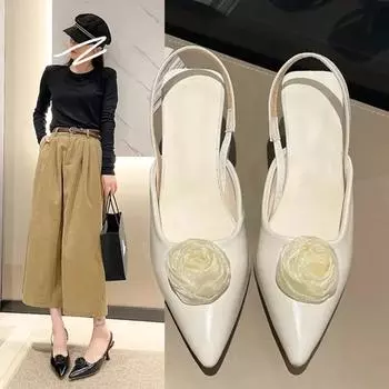мода лето новые лакированные сандалии с острым носком женские модные туфли на высоком каблуке туфли с открытой пяткой цветы декор вечерние туфли женские 34 бежевый