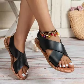 Fashion Summer New Sandals Women s Cross-strap Flat Roman Sandals Open Toe Fashion Versatile Flat Heel Plus Size 36 чёрный