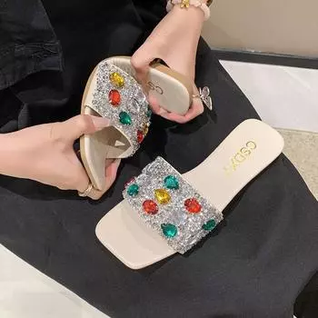 Модные летние новые блестящие тапочки для женщин, новые женские пляжные тапочки на плоской подошве, женские сандалии, обувь для отдыха на природе, роскошный дизайнер, размер плюс 42 35 бежевый