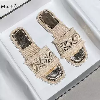 Fashion Summer New Shoes for Women Fashion Slipper Outdoor Flax Weaving Casual Sandals Girl Street Ethnic Slides 35 хаки