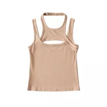 Fashion Summer New Sleeveless Women s Vest Cross Cut Out Dislocation Asymmetric High Waist Silm Stretch Sexy Tops Khakis M