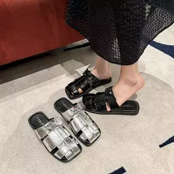 Fashion Summer New Style Baotou Slippers Fashionable Beach French Flat Slippers Outer Braided Feminine Mules Roman Shoes 35 чёрный