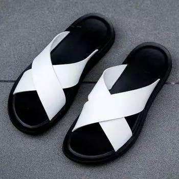 Fashion Summer New Style Simple Slippers Cow Leather Shoes Beach Slippers Men Sandals White Light Soft Bottom Casual Shoes Outdoor Shoes 37 красный