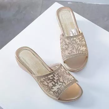 Fashion Summer new wedge soft sole high mesh sandals flip-flop sandals thick sole non-slip lazy slippers 35 золотой