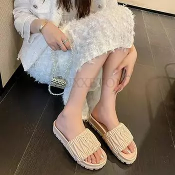 Fashion Summer New Women Flat Slippers Pleated Upper Three-Dimensional Sense Strong Open Toe Slippers Simplicity Round Head Lady Sandals 35 небесно-голубой