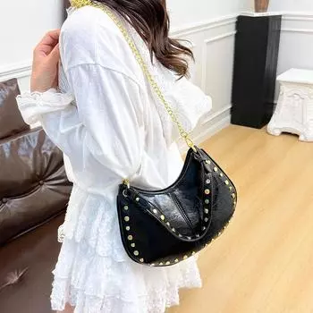 Fashion summer new women s shoulder bag wind rivet handbag retro soft underarm bag чёрный