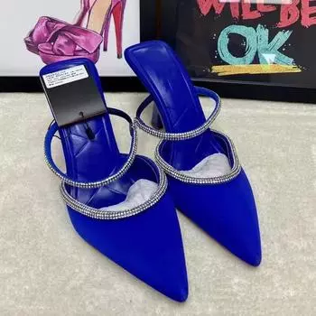 модные летние новые женские тапочки мюли высокие каблуки женские туфли сексуальные заостренные большие размеры женские вечерние платья бока с блестящими кристаллами 38 зелёный