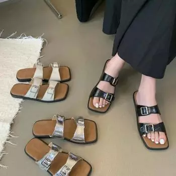 Fashion Summer Roman Women Slippers New 2024 Fashion Open Toe Belt Buckle Flats Slides Shoes Ladies Outdoor Casual Beach Shoes Sandalias 35 бежевый