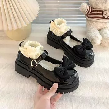 Fashion Summer Round Toe Buckle Bow Shallow Thick Heel Medium Heel Thick Sole Mary Jane Shoes Black Heels Outdoor Casual Shoes 35 чёрный