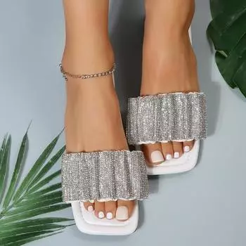 Fashion Summer Sandals Women Flip Flops Rhinestone Flat Sandals Ladies Black Slippers Female Round Toe Bling Luxury Sandalias Mujer 43 36 белый