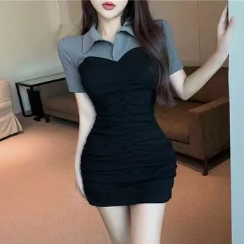 Fashion Summer Slimming Waist-Tight Retro Hip-Wrapped Dress Gray XL (55.00 kg-60.00 kg