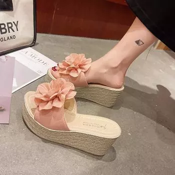 Модные летние туфли на толстой танкетке с каблуком-шлёпанцем, повседневные женские туфли с открытым носком и цветочным принтом, модная верхняя одежда, лёгкие шлепанцы на высоком каблуке 35 розовый