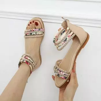 Fashion Summer Women Flats Shoes Bohemian Roman Style Flat Back Zipper Splicing Printing Skirt Female Sandals Holiday Beach Sandalias 36