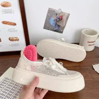 Модные летние женские модные кружевные жаккардовые кроссовки сетчатые дышащие мокасины на толстой подошве модные повседневные прогулочные туфли 35 бежевый