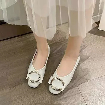 fashion Summer Women s Flats Round Toe Flat Shoes for Women Slip on Shallow Shoes Outdoor Dress Anti-slip Loafers Metal Decoration Flats 35 чёрный