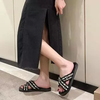 Fashion Summer Women s Pearl Flat One-shaped Sandals Slippers Home Casual Round Toe Cross Sandals Summer Women s Slippers Size 35-40 35 чёрный