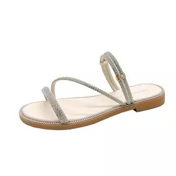 Fashion Summer Women s Sandals Flats Shiny Rhinestone Slippers Fashionable Women s Beach Slippers Slip-on Casual Shoes Slides 35 бежевый