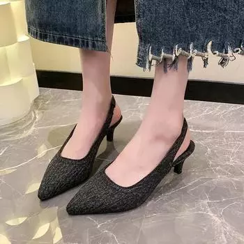 Модная летняя женская обувь 2024 года, высококачественные женские сандалии Baotou, модные туфли на среднем каблуке с пряжкой в одну линию, женские туфли на высоком каблуке 35 чёрный