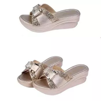 Модные летние женские тапочки с круглым носком на танкетке, повседневная обувь для женщин, нескользящие тапочки, тапочки на платформе 35 золотой