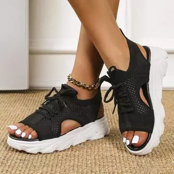 Fashion Summer Women Sandals Casual Mesh Hollow Breathable Shoes Open Toe Lace-up Wedge Sneakers Sandalias Zapatos Mujer 35 бежевый