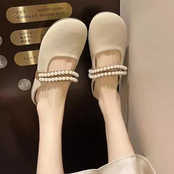 Fashion Summer Women Sandals Flat-soled Pearl Clogs Hollow Flat-soled Slip-on Shallow Mouth Roman Jelly Shoes Beach Sandals 35 бежевый