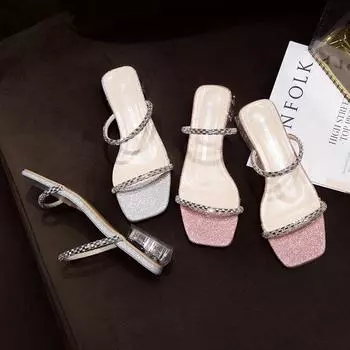 Fashion Summer Women Sandals Shoes Luxury Beach Ladies Clear Sandal Comfortable High Heels Woman Transparent Medium Heel New 35 серебряный
