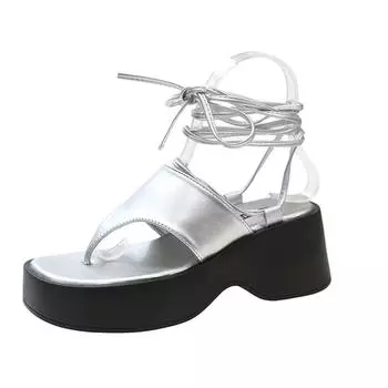 fashion Summers Chunky Women Sandals Fashion Elegant Ankle Lace Up Platform Thick Heel Slides Ladies Outdoor Beach Sandalias 35 бежевый