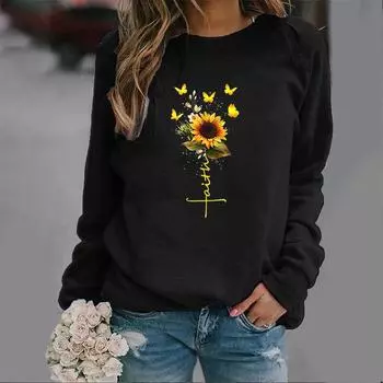 Fashion Sunflower Butterfly Trend Crew-neck Hoodie Autumn Printed Blazer Streetwear Streetwear Women Sweatshirt Clothes S