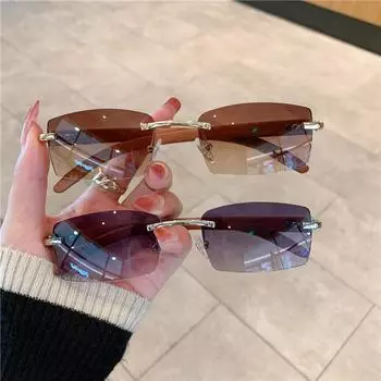 Fashion Sunglasses Men s And Women s Frameless Imitation Wood Grain Mirror Leg Sunglasses синий