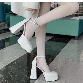 Fashion Super-high Heel Thick Heel Shoes Platform Sandals Women 2024 Designer Elegant Fashion Sexy Dress Party Round Toe White Heels 35 чёрный