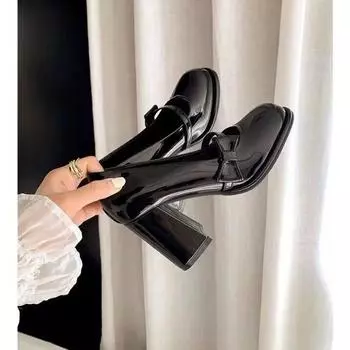 Fashion Sweet Bowknot High Heels Mary Janes Women Cute Round Toe Patent Leather Pumps Woman Slip-On Square Heeled Bow Party Shoes Ladies 35 чёрный