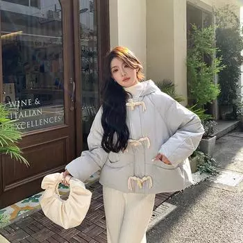 Fashion sweet horn buckle short down jacket women s 2024 winter hooded small white duck down warm jacket tide S слоновая кость