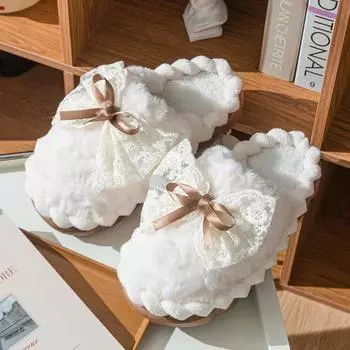 Модные милые кружевные домашние хлопковые тапочки с бантом, женские однотонные толстые тапочки из ЭВА для дома, женские зимние теплые домашние пушистые тапочки 36-37 коричневый