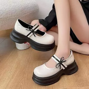 Fashion Sweet Lovely Bowtie Lolita Shoes Women Patent Leather Mary Janes Student Non-Slip Thick Bottom Round Toe JK Uniform Shoes 4.5