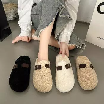 Fashion temperament Baotou Mao Mao slippers women s 2024 autumn and winter new outer wear warm thick bottom velvet Birkencotton drag tide 35 чёрный
